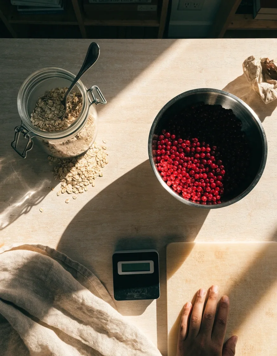 A nutritionist's bench seen from above with oats, a shallow bowl of lingonberries, a scale and a hand at the edge of a cutting board