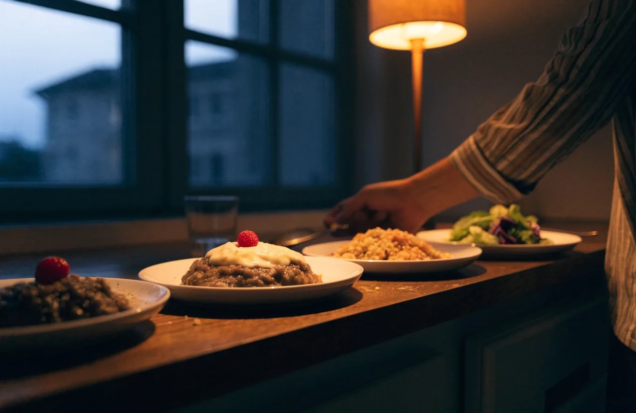 A day's meals arranged across a clapboard surface with porridge, fish and vegetables, nuts, and a lighter evening plate